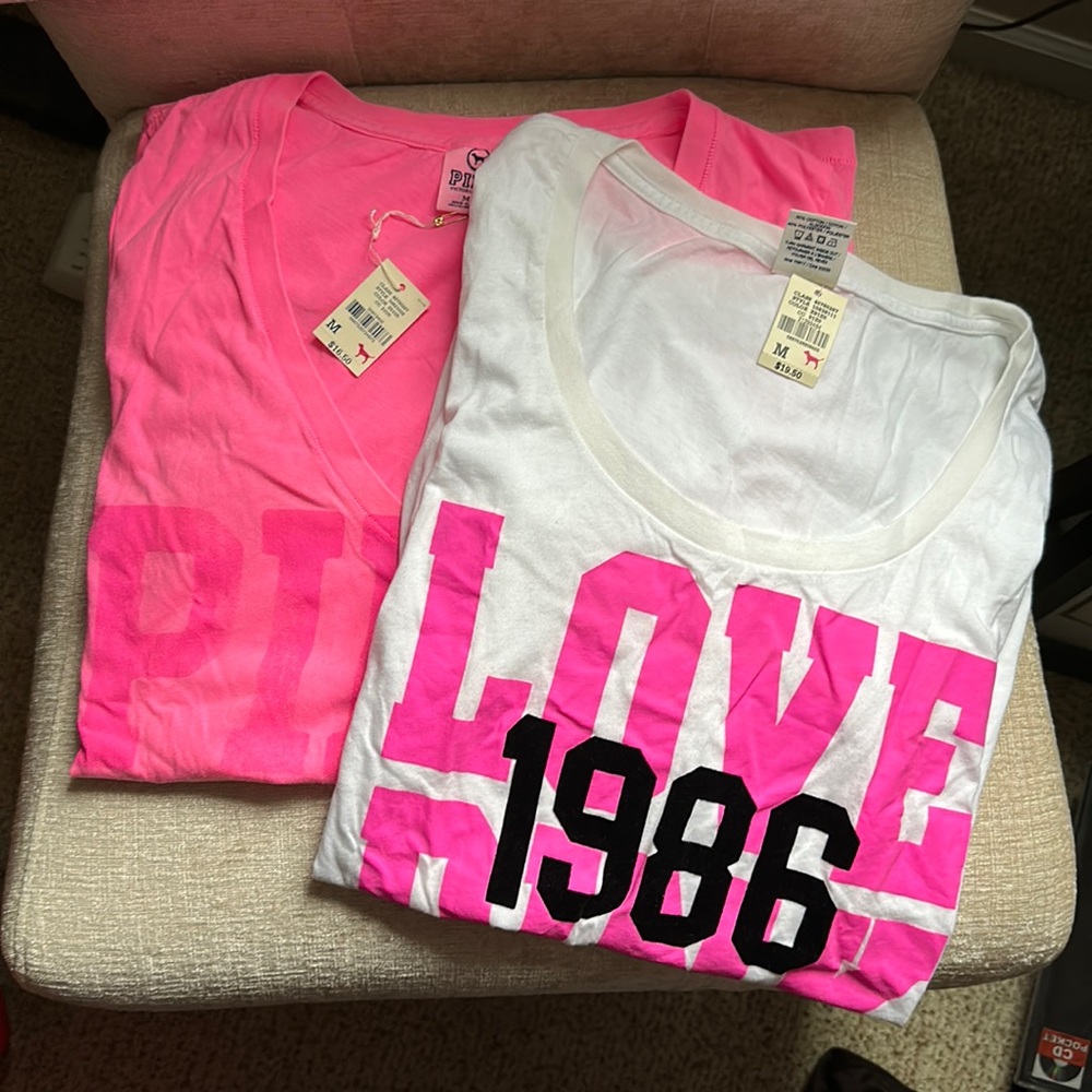NWT Two PINK Victoria’s Secret tees, sz M white/pink
